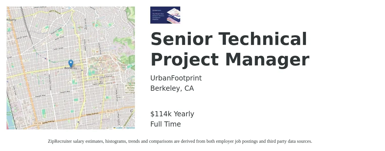 UrbanFootprint job posting for a Senior Technical Project Manager in Berkeley, CA with a salary of $114,000 Yearly with a map of Berkeley location.