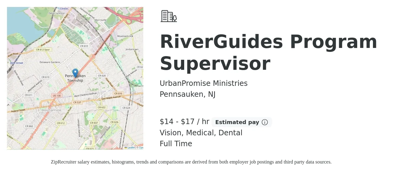 UrbanPromise Ministries job posting for a RiverGuides Program Supervisor in Pennsauken, NJ with a salary of $15 to $18 Hourly and benefits including dental, life_insurance, medical, pto, retirement, and vision with a map of Pennsauken location.