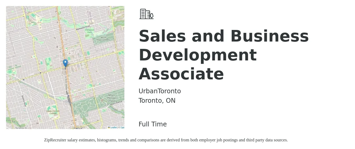 UrbanToronto job posting for a Sales and Business Development Associate in Toronto, ON with a map of Toronto location.