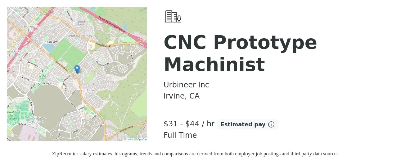 Urbineer Inc job posting for a CNC Prototype Machinist in Irvine, CA with a salary of $33 to $46 Hourly with a map of Irvine location.