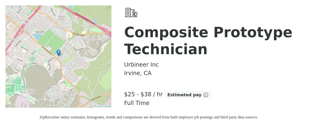 Urbineer Inc job posting for a Composite Prototype Technician in Irvine, CA with a salary of $27 to $40 Hourly with a map of Irvine location.