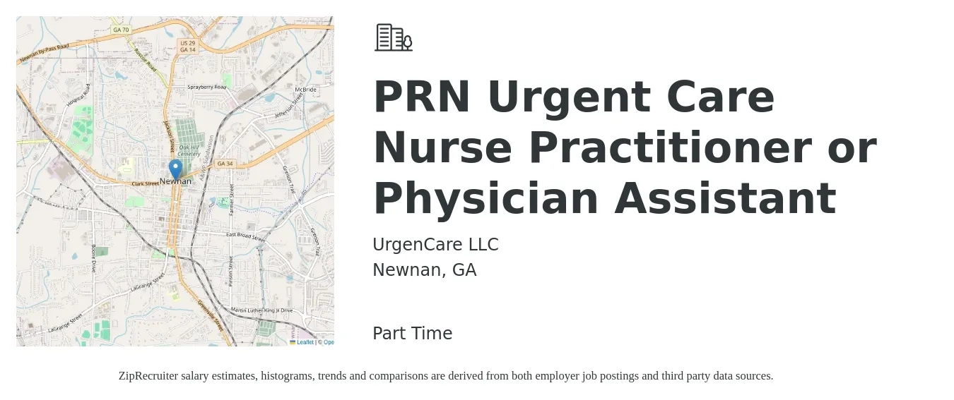 UrgenCare LLC job posting for a PRN Urgent Care Nurse Practitioner or Physician Assistant in Newnan, GA with a salary of $98,400 to $127,300 Yearly with a map of Newnan location.