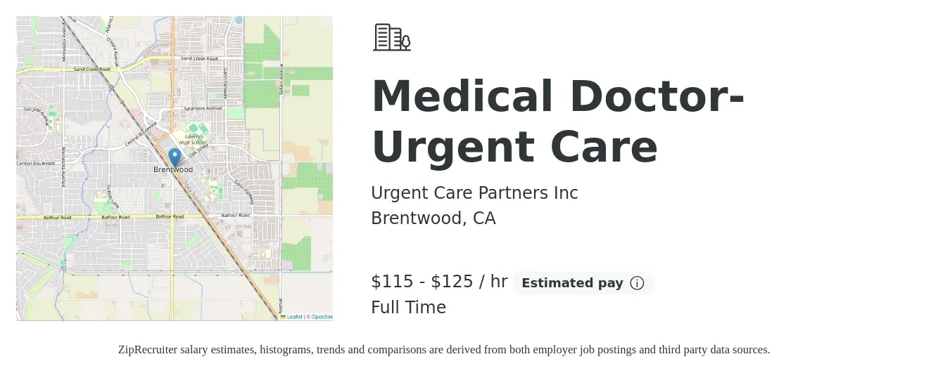 Urgent Care Partners Inc job posting for a Medical Doctor-Urgent Care in Brentwood, CA with a salary of $236,700 to $385,400 Yearly with a map of Brentwood location.