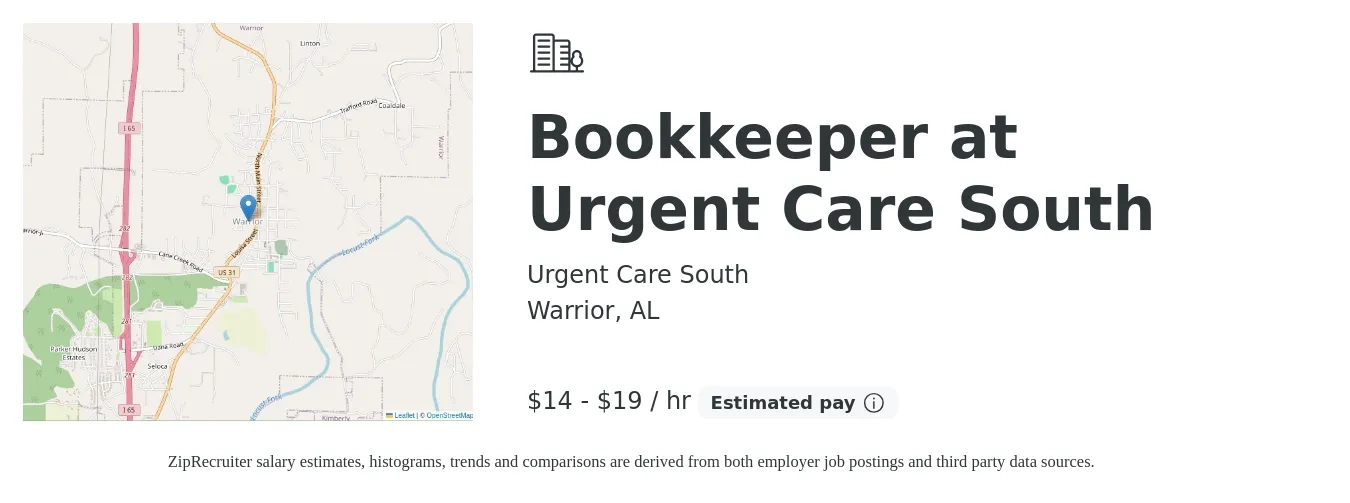 Urgent Care South job posting for a Bookkeeper at Urgent Care South in Warrior, AL with a salary of $15 to $20 Hourly with a map of Warrior location.