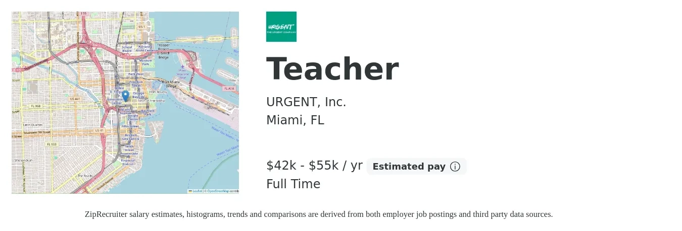 URGENT, Inc. job posting for a Teacher in Miami, FL with a salary of $42,000 to $55,000 Yearly with a map of Miami location.