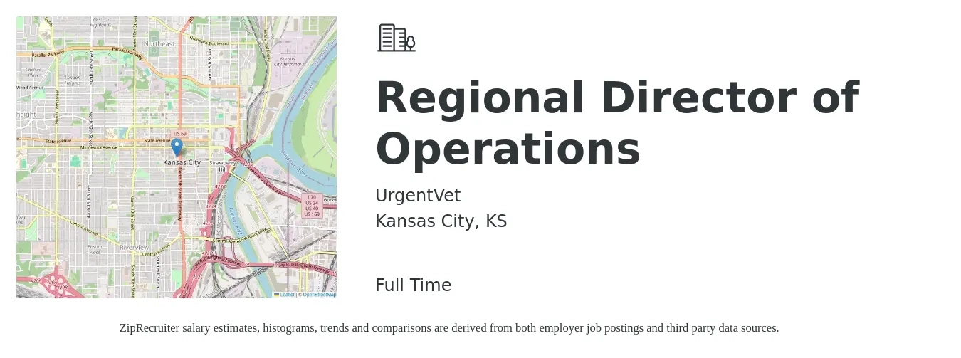 UrgentVet job posting for a Regional Director of Operations in Kansas City, KS with a salary of $92,100 to $136,000 Yearly with a map of Kansas City location.