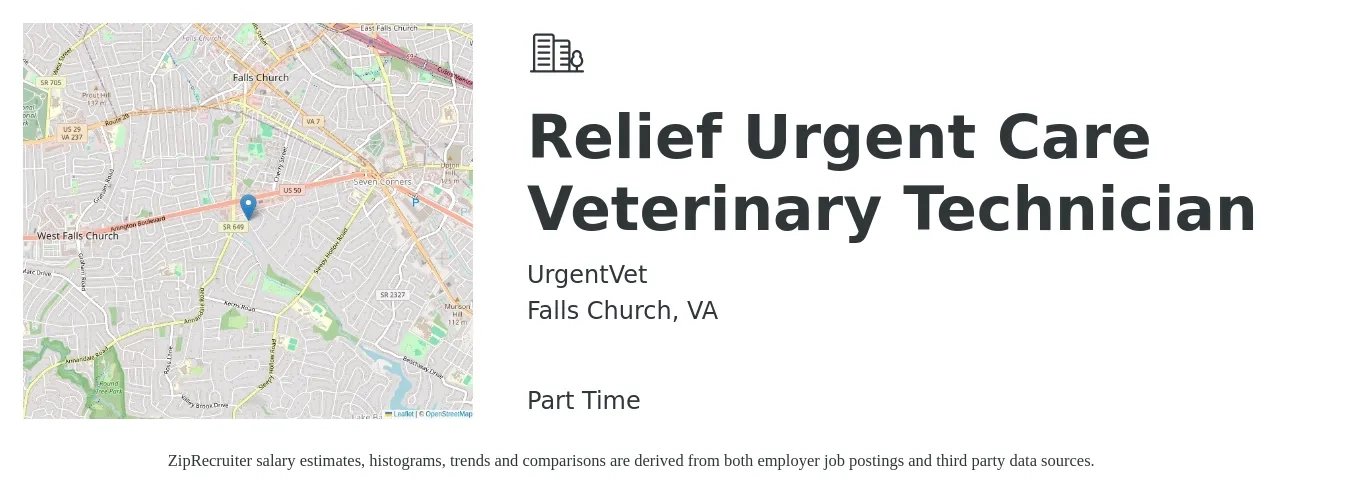 UrgentVet job posting for a Relief Urgent Care Veterinary Technician in Falls Church, VA with a salary of $20 to $28 Hourly with a map of Falls Church location.