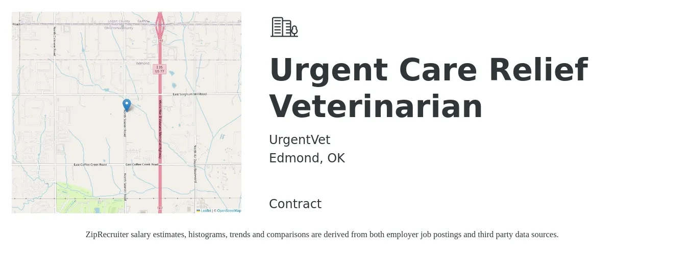 UrgentVet job posting for a Urgent Care Relief Veterinarian in Edmond, OK with a salary of $101,200 to $197,000 Yearly with a map of Edmond location.