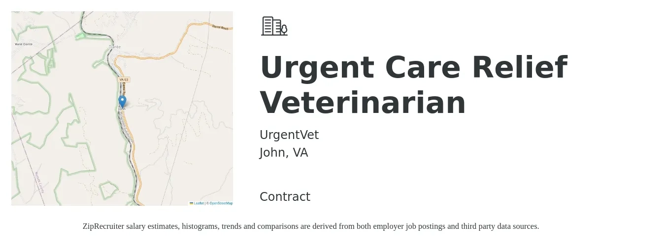 UrgentVet job posting for a Urgent Care Relief Veterinarian in John, VA with a salary of $99,500 to $193,700 Yearly with a map of John location.