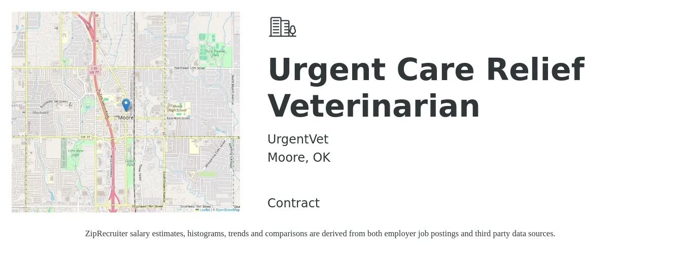 UrgentVet job posting for a Urgent Care Relief Veterinarian in Moore, OK with a salary of $107,900 to $209,900 Yearly with a map of Moore location.