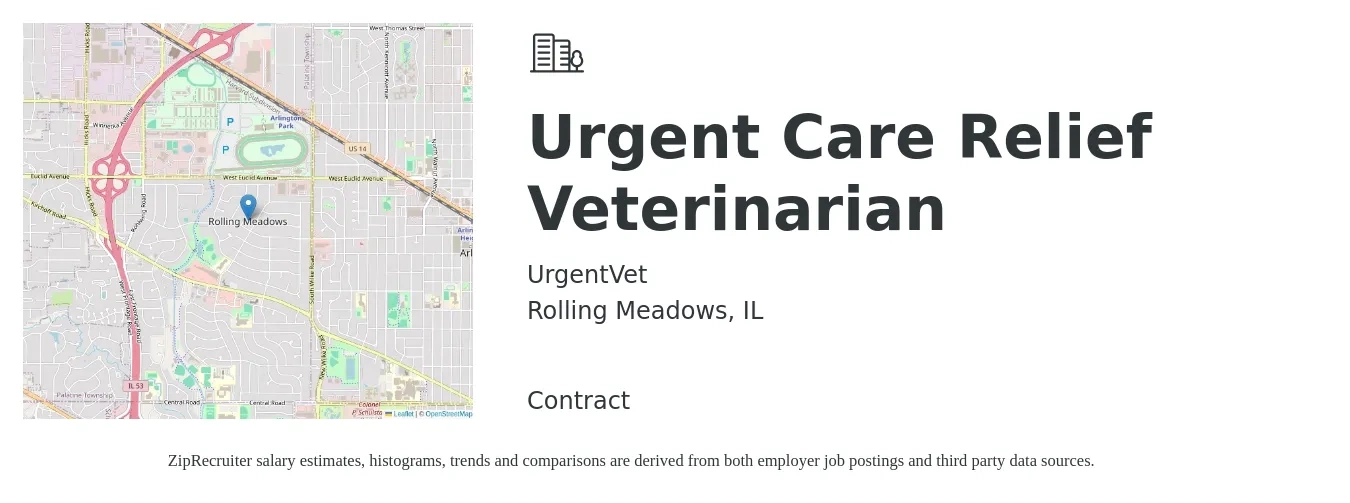 UrgentVet job posting for a Urgent Care Relief Veterinarian in Rolling Meadows, IL with a salary of $112,700 to $219,300 Yearly with a map of Rolling Meadows location.