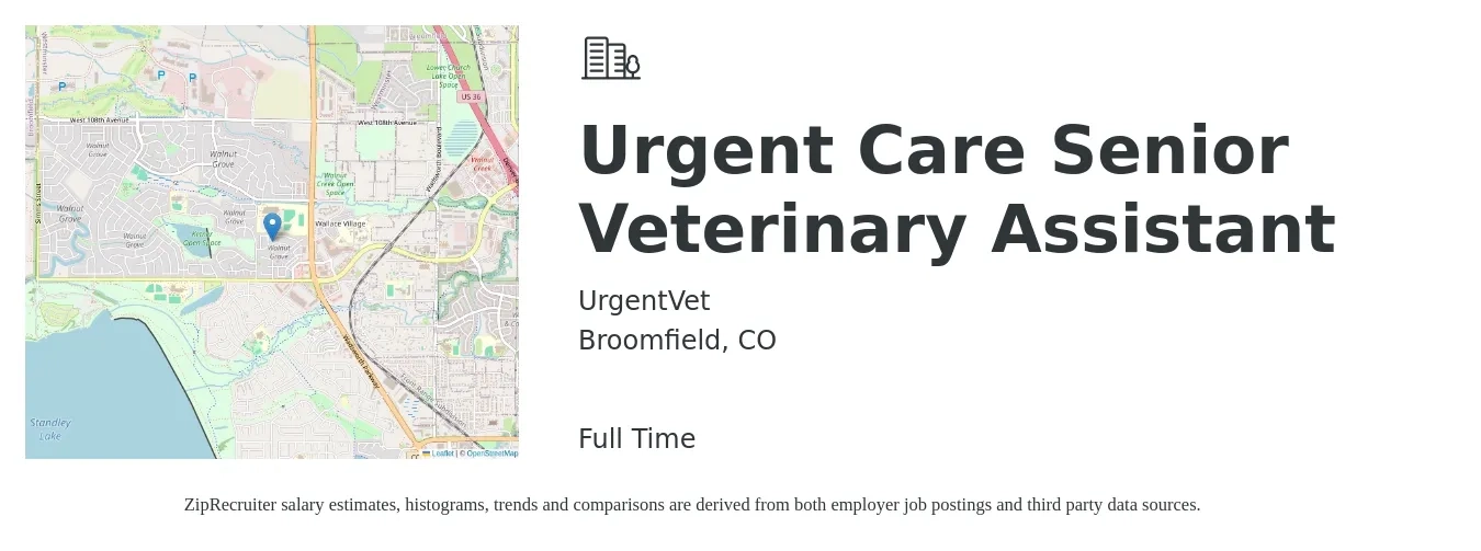 UrgentVet job posting for a Urgent Care Senior Veterinary Assistant in Broomfield, CO with a salary of $16 to $28 Hourly with a map of Broomfield location.