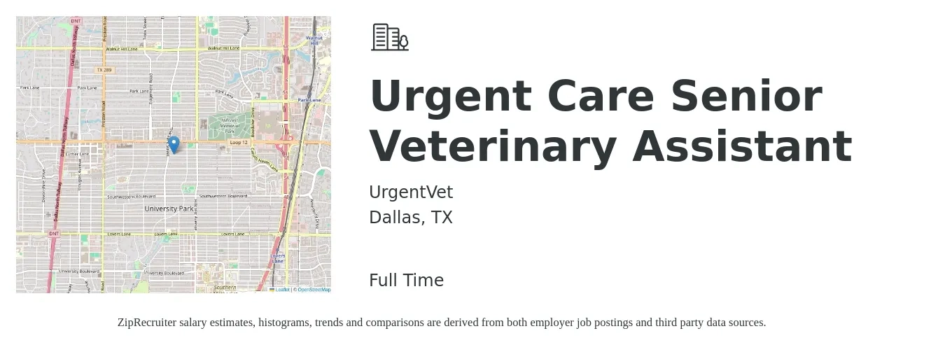 UrgentVet job posting for a Urgent Care Senior Veterinary Assistant in Dallas, TX with a salary of $16 to $28 Hourly with a map of Dallas location.