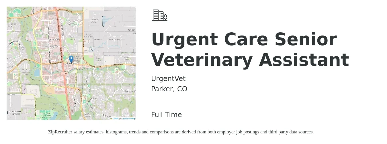 UrgentVet job posting for a Urgent Care Senior Veterinary Assistant in Parker, CO with a salary of $16 to $29 Hourly with a map of Parker location.