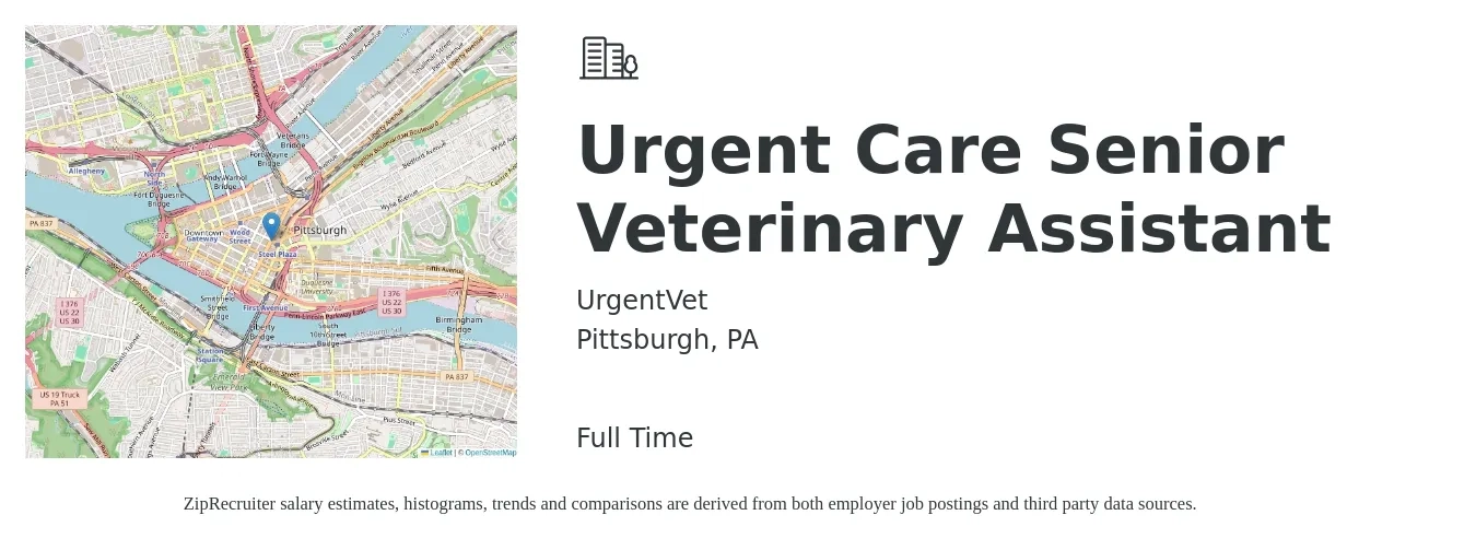 UrgentVet job posting for a Urgent Care Senior Veterinary Assistant in Pittsburgh, PA with a salary of $16 to $27 Hourly with a map of Pittsburgh location.