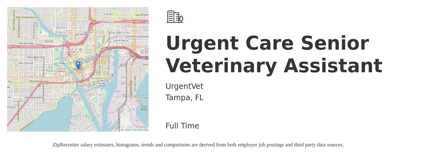 UrgentVet job posting for a Urgent Care Senior Veterinary Assistant in Tampa, FL with a salary of $15 to $26 Hourly with a map of Tampa location.