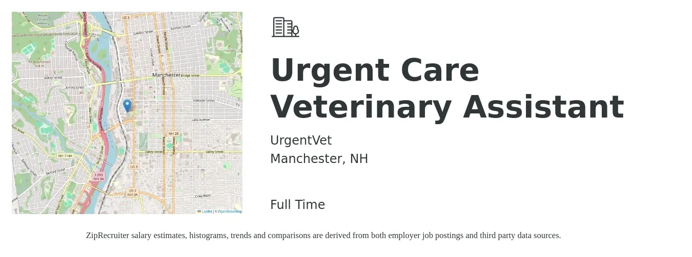 UrgentVet job posting for a Urgent Care Veterinary Assistant in Manchester, NH with a salary of $16 to $20 Hourly with a map of Manchester location.