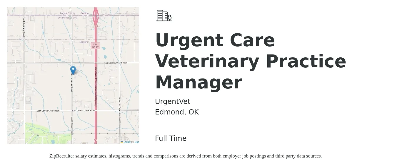 UrgentVet job posting for a Urgent Care Veterinary Practice Manager in Edmond, OK with a salary of $50,600 to $75,400 Yearly with a map of Edmond location.