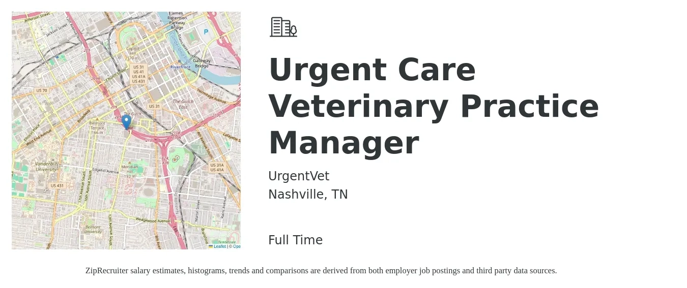 UrgentVet job posting for a Urgent Care Veterinary Practice Manager in Nashville, TN with a salary of $54,100 to $80,700 Yearly with a map of Nashville location.