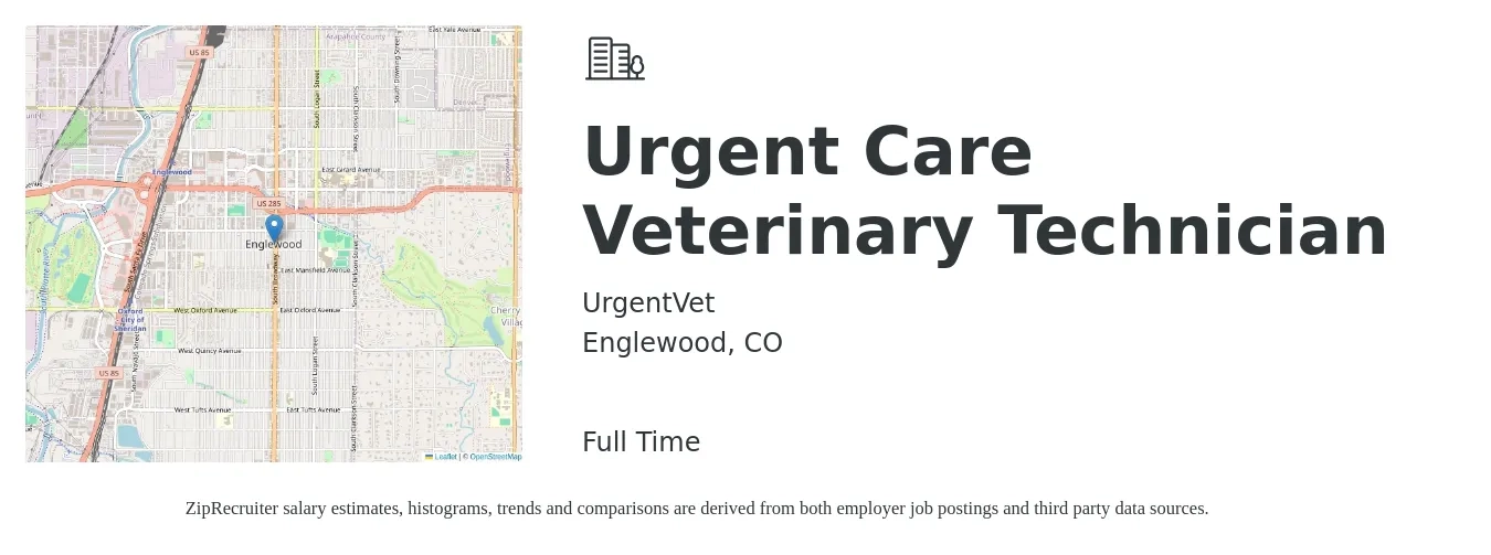 UrgentVet job posting for a Urgent Care Veterinary Technician in Englewood, CO with a salary of $18 to $26 Hourly with a map of Englewood location.