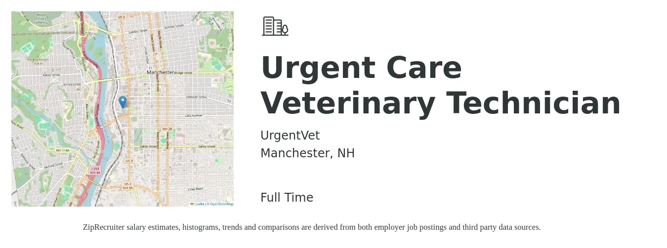 UrgentVet job posting for a Urgent Care Veterinary Technician in Manchester, NH with a salary of $18 to $26 Hourly with a map of Manchester location.