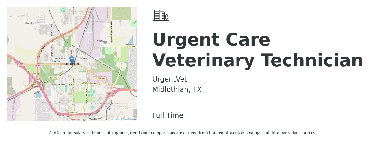 UrgentVet job posting for a Urgent Care Veterinary Technician in Midlothian, TX with a salary of $17 to $24 Hourly with a map of Midlothian location.