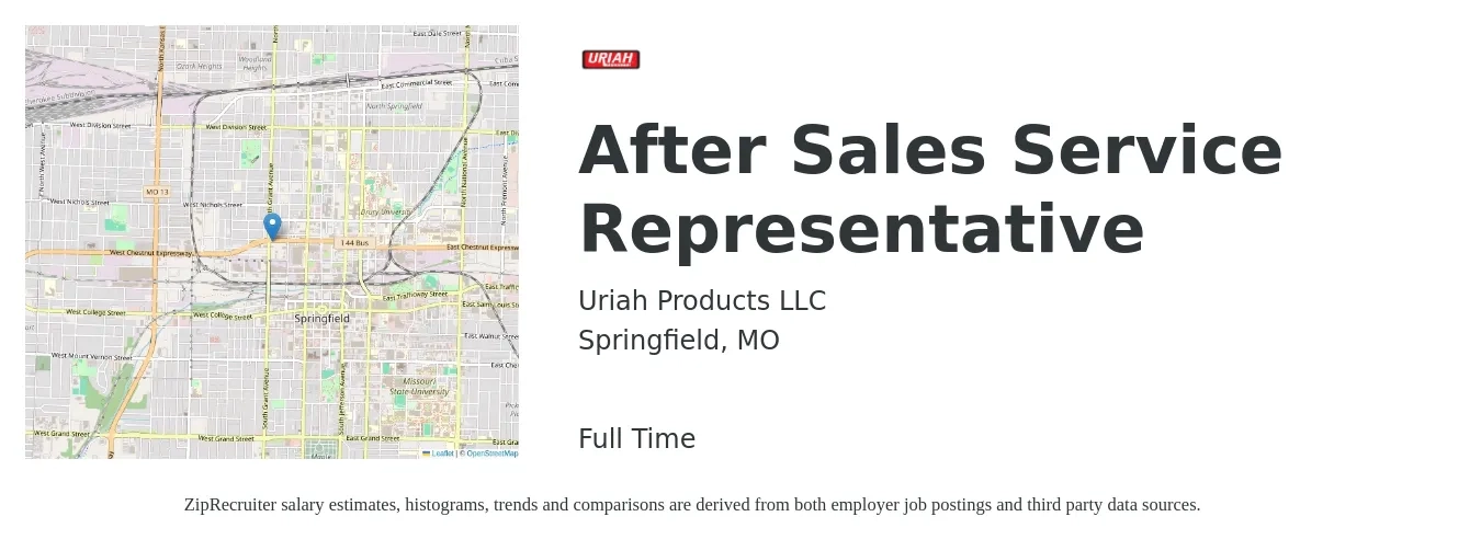 Uriah Products LLC job posting for a After Sales Service Representative in Springfield, MO with a salary of $33,700 to $59,000 Yearly with a map of Springfield location.