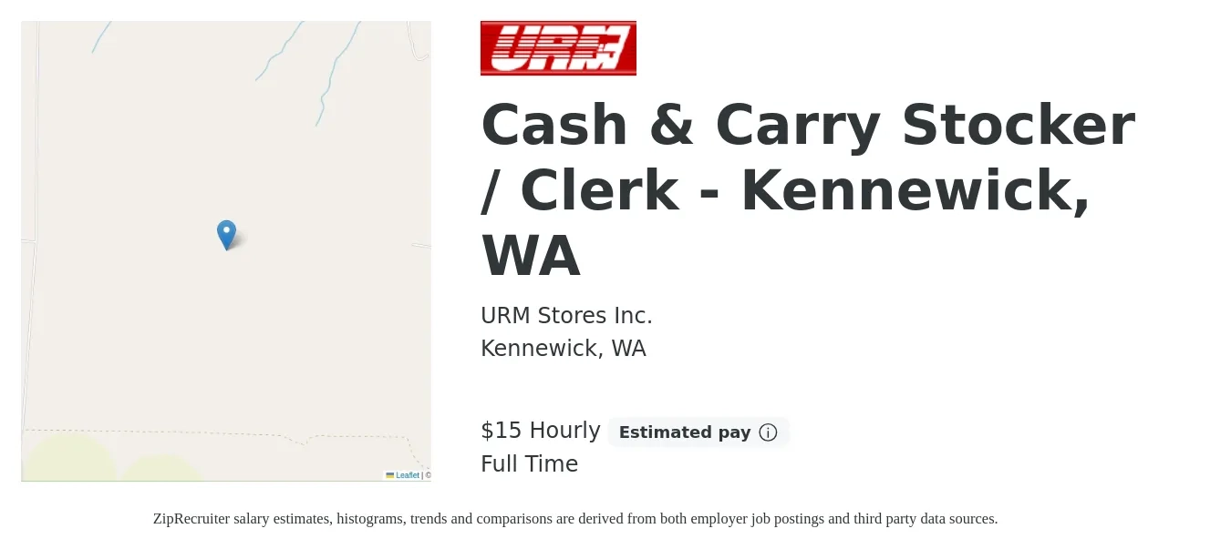 URM Stores Inc. job posting for a Cash & Carry Stocker / Clerk - Kennewick, WA in Kennewick, WA with a salary of $16 Hourly with a map of Kennewick location.