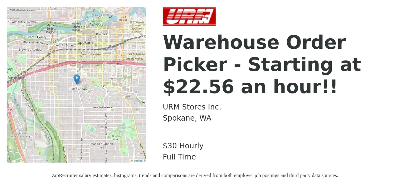URM Stores Inc. job posting for a Warehouse Order Picker - Starting at $22.56 an hour!! in Spokane, WA with a salary of $23 to $31 Hourly with a map of Spokane location.