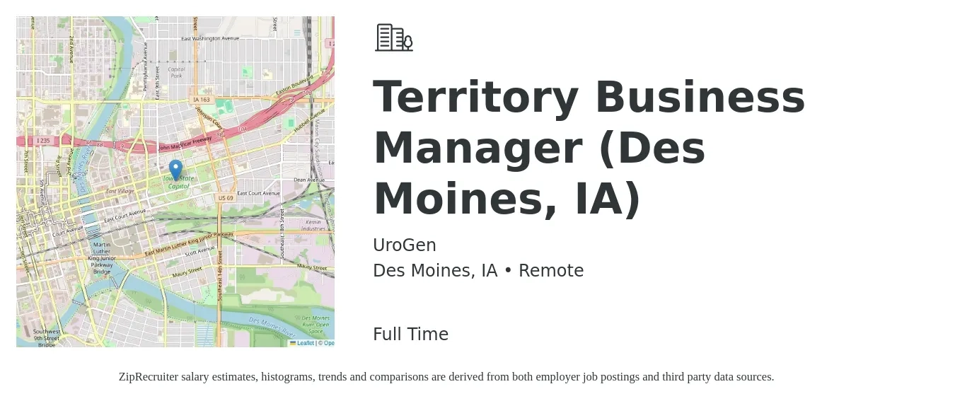 UroGen job posting for a Territory Business Manager (Des Moines, IA) in Des Moines, IA with a salary of $63,400 to $87,300 Yearly with a map of Des Moines location.