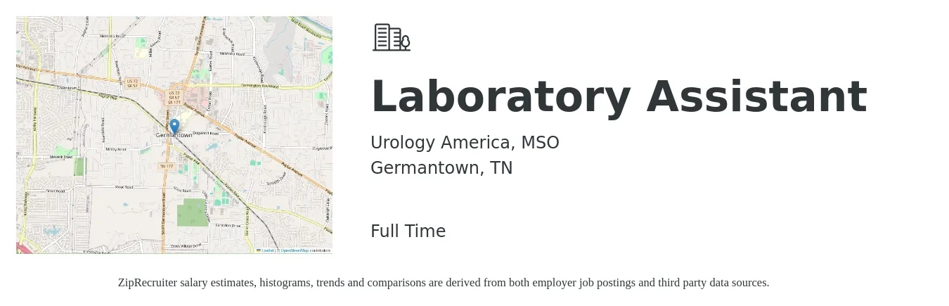Urology America, MSO job posting for a Laboratory Assistant in Germantown, TN with a salary of $16 to $22 Hourly with a map of Germantown location.