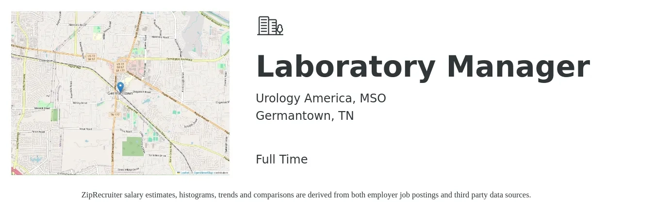 Urology America, MSO job posting for a Laboratory Manager in Germantown, TN with a salary of $62,800 to $99,600 Yearly with a map of Germantown location.