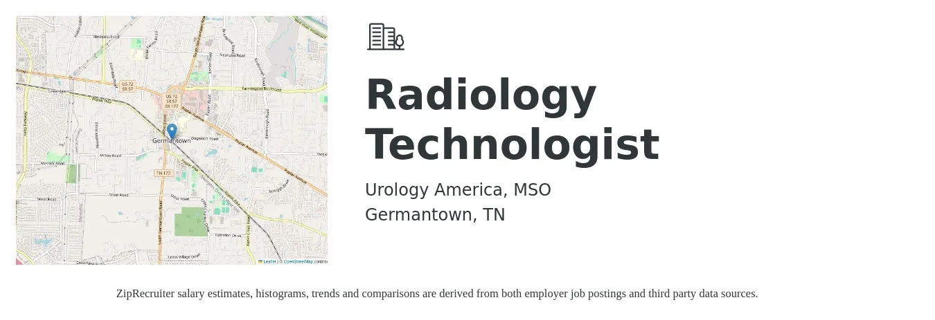 Urology America, MSO job posting for a Radiology Technologist in Germantown, TN with a salary of $1,080 to $2,230 Weekly with a map of Germantown location.