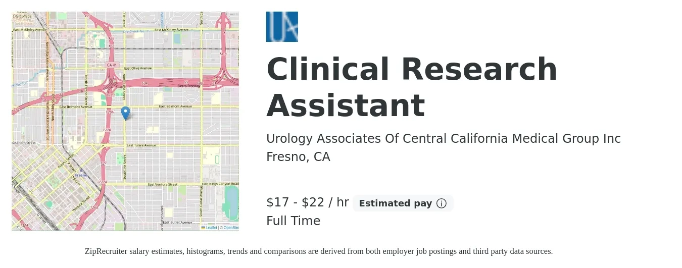 Urology Associates Of Central California Medical Group Inc job posting for a Clinical Research Assistant in Fresno, CA with a salary of $18 to $23 Hourly with a map of Fresno location.