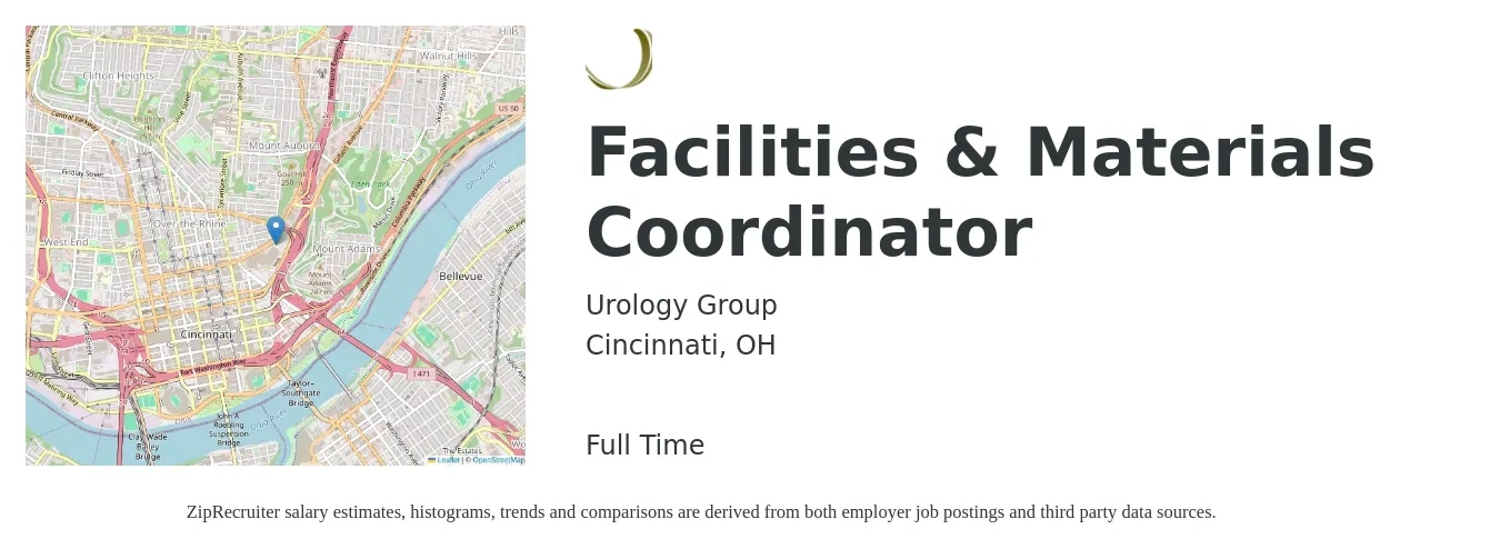 Urology Group job posting for a Facilities & Materials Coordinator in Cincinnati, OH with a salary of $20 to $27 Hourly with a map of Cincinnati location.