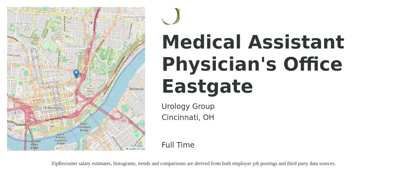 Urology Group job posting for a Medical Assistant Physician's Office Eastgate in Cincinnati, OH with a salary of $17 to $22 Hourly with a map of Cincinnati location.