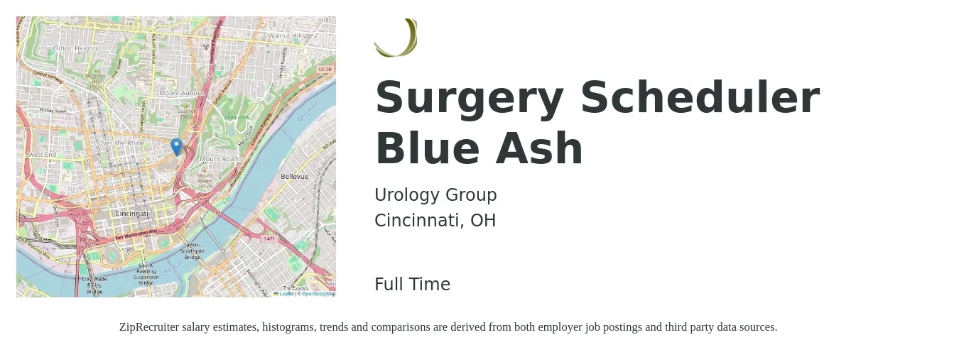 Urology Group job posting for a Surgery Scheduler Blue Ash in Cincinnati, OH with a salary of $18 to $23 Hourly with a map of Cincinnati location.