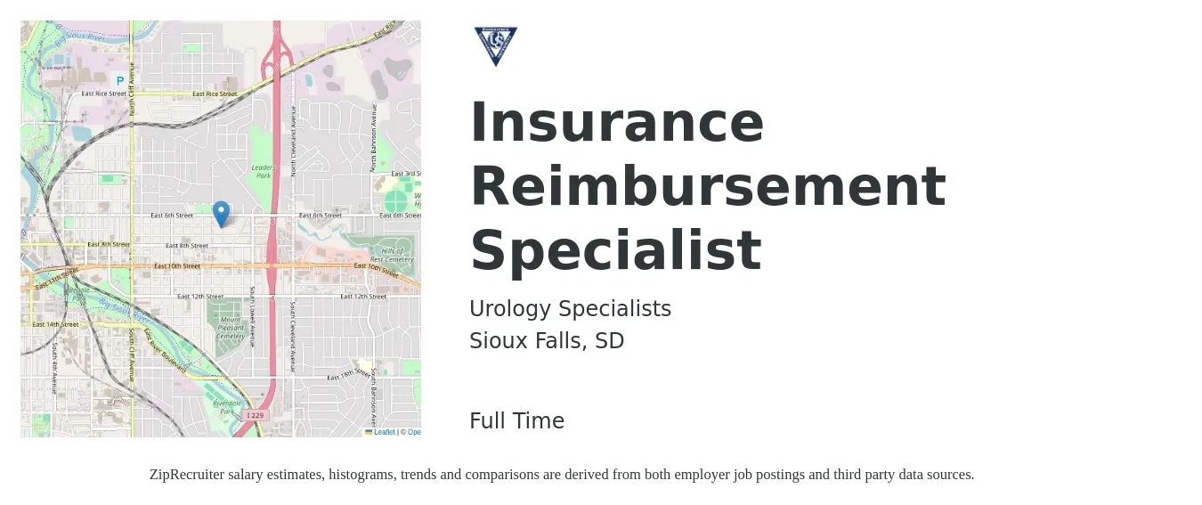 Urology Specialists job posting for a Insurance Reimbursement Specialist in Sioux Falls, SD with a salary of $19 to $26 Hourly with a map of Sioux Falls location.