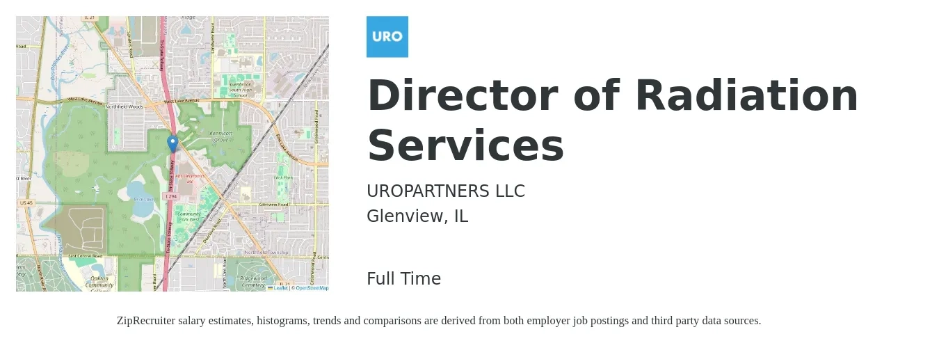 UROPARTNERS LLC job posting for a Director of Radiation Services in Glenview, IL with a salary of $85,900 to $146,800 Yearly with a map of Glenview location.