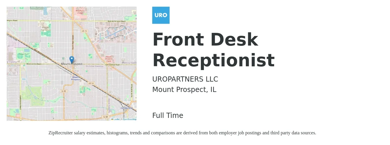 UROPARTNERS LLC job posting for a Front Desk Receptionist in Mount Prospect, IL with a salary of $15 to $19 Hourly with a map of Mount Prospect location.