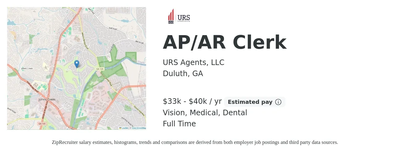 URS Agents, LLC job posting for a AP/AR Clerk in Duluth, GA with a salary of $33,000 to $40,000 Yearly and benefits including dental, life_insurance, medical, retirement, and vision with a map of Duluth location.