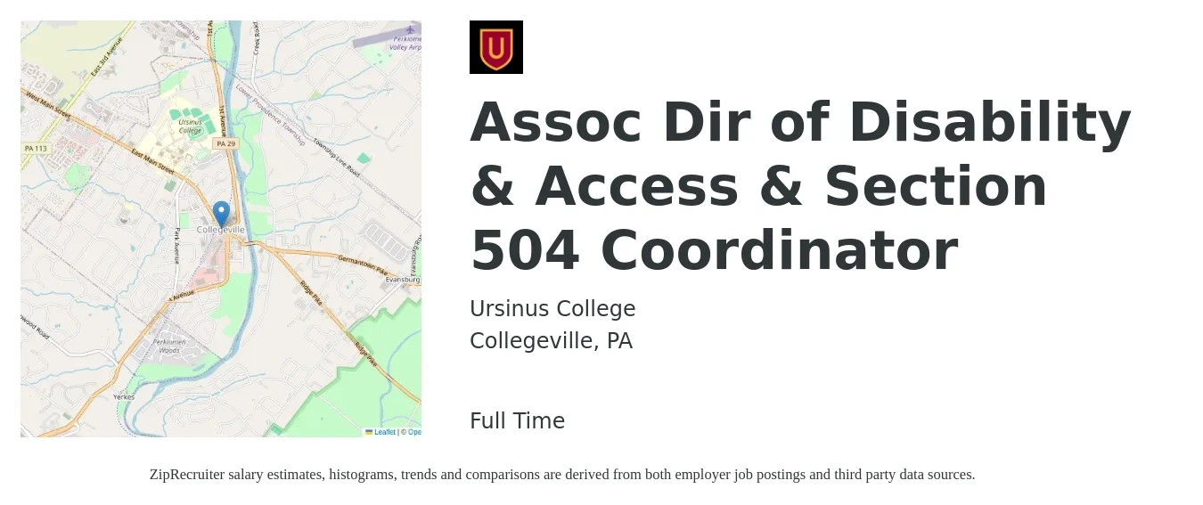 Ursinus College job posting for a Assoc Dir of Disability & Access & Section 504 Coordinator in Collegeville, PA with a salary of $24 to $32 Hourly with a map of Collegeville location.