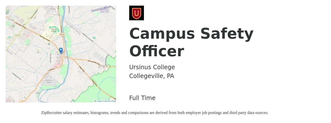 Ursinus College job posting for a Campus Safety Officer in Collegeville, PA with a salary of $17 to $24 Hourly with a map of Collegeville location.