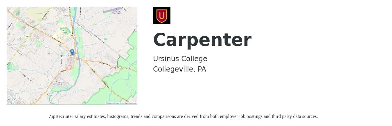 Ursinus College job posting for a Carpenter in Collegeville, PA with a salary of $22 to $29 Hourly with a map of Collegeville location.