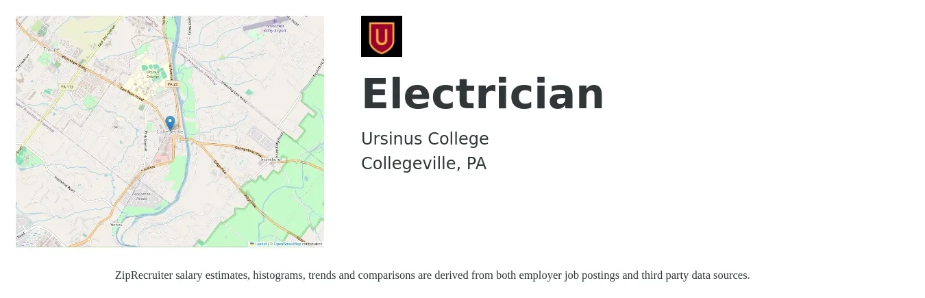 Ursinus College job posting for a Electrician in Collegeville, PA with a salary of $25 to $34 Hourly with a map of Collegeville location.