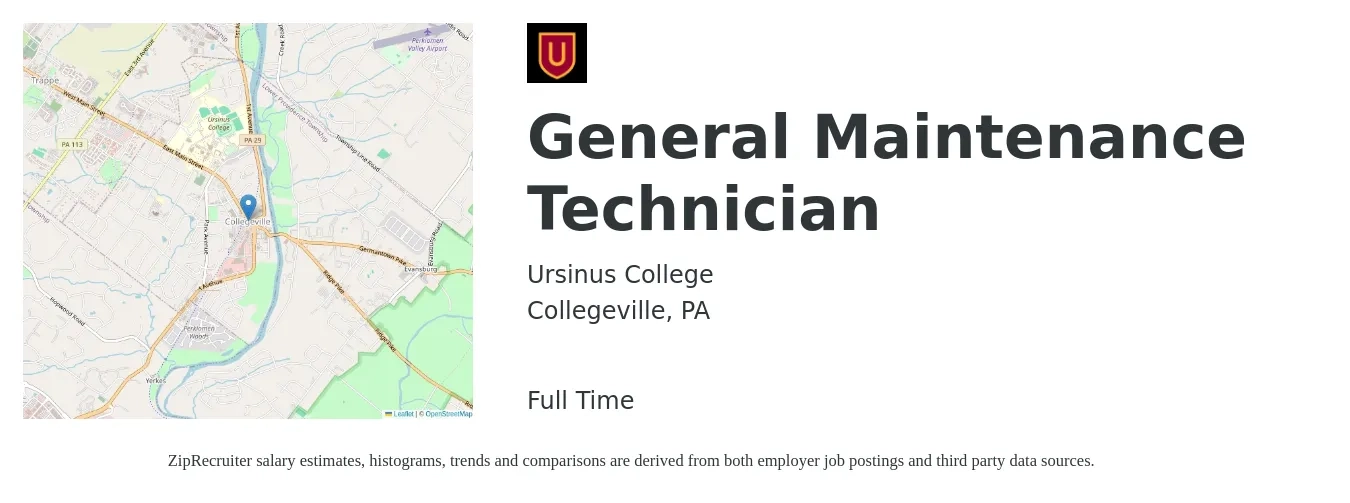 Ursinus College job posting for a General Maintenance Technician in Collegeville, PA with a salary of $17 to $23 Hourly with a map of Collegeville location.