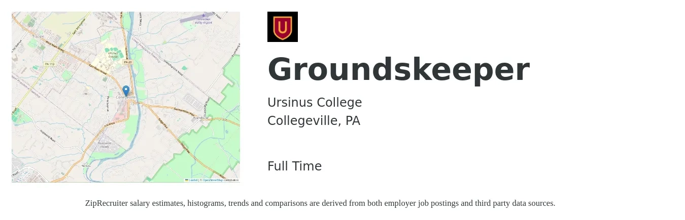 Ursinus College job posting for a Groundskeeper in Collegeville, PA with a salary of $15 to $19 Hourly with a map of Collegeville location.