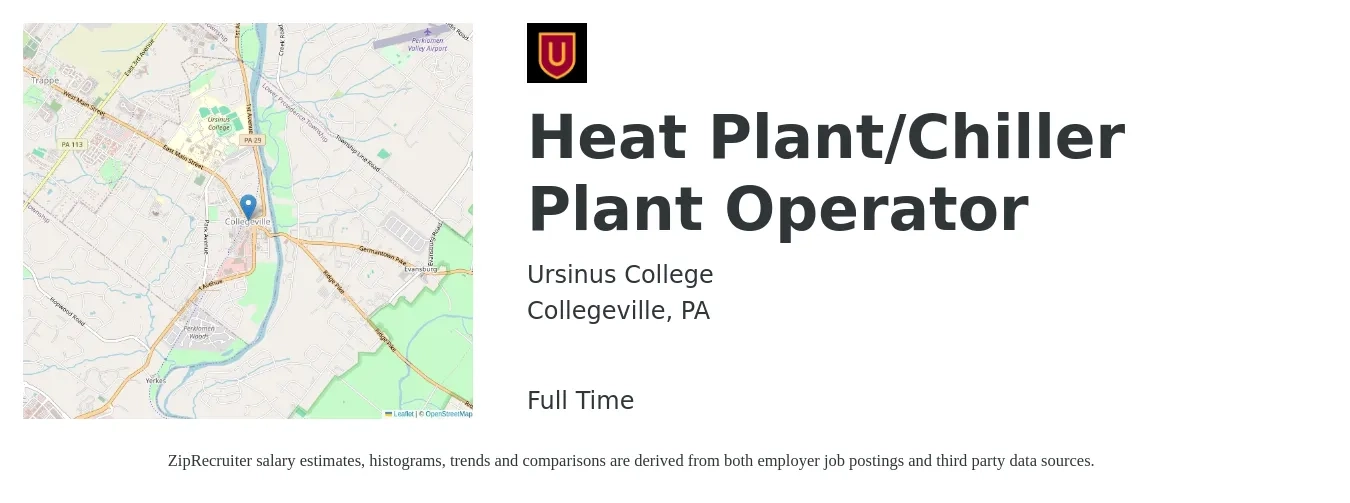 Ursinus College job posting for a Heat Plant/Chiller Plant Operator in Collegeville, PA with a salary of $17 to $26 Hourly with a map of Collegeville location.