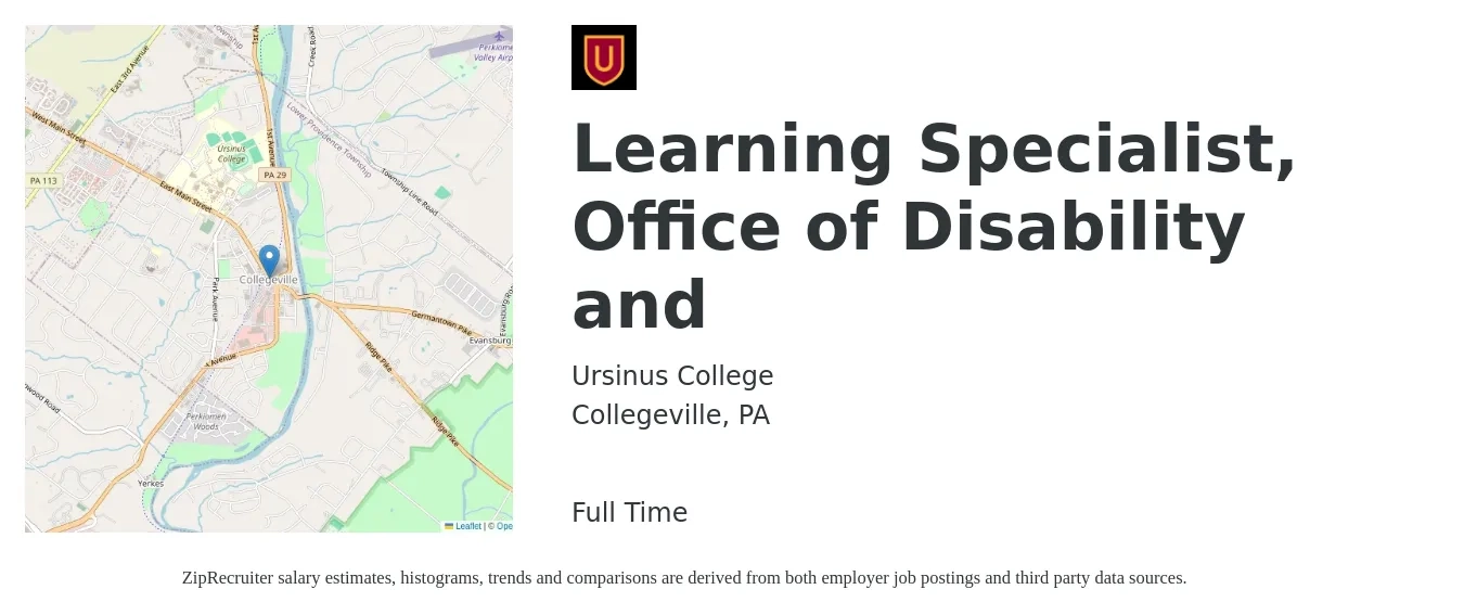 Ursinus College job posting for a Learning Specialist, Office of Disability and in Collegeville, PA with a salary of $47,500 to $74,300 Yearly with a map of Collegeville location.