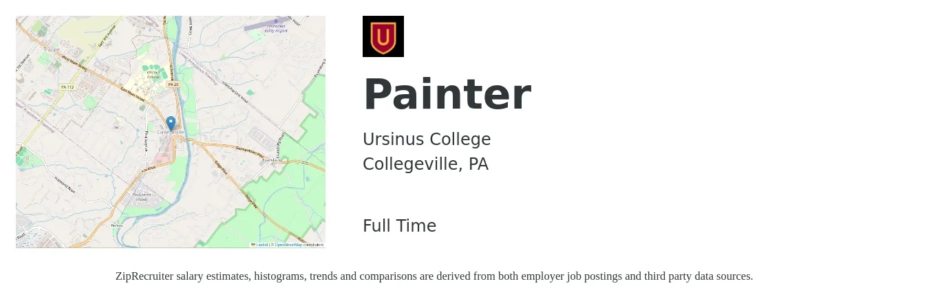 Ursinus College job posting for a Painter in Collegeville, PA with a salary of $18 to $25 Hourly with a map of Collegeville location.
